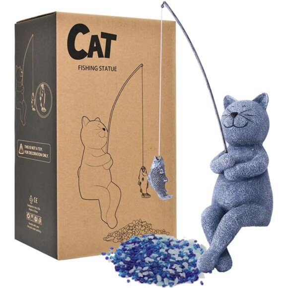 Fishing Cat Garden Statue – 10" Little Cat Fisher for Garden Pond Decor - Picture 7 of 8